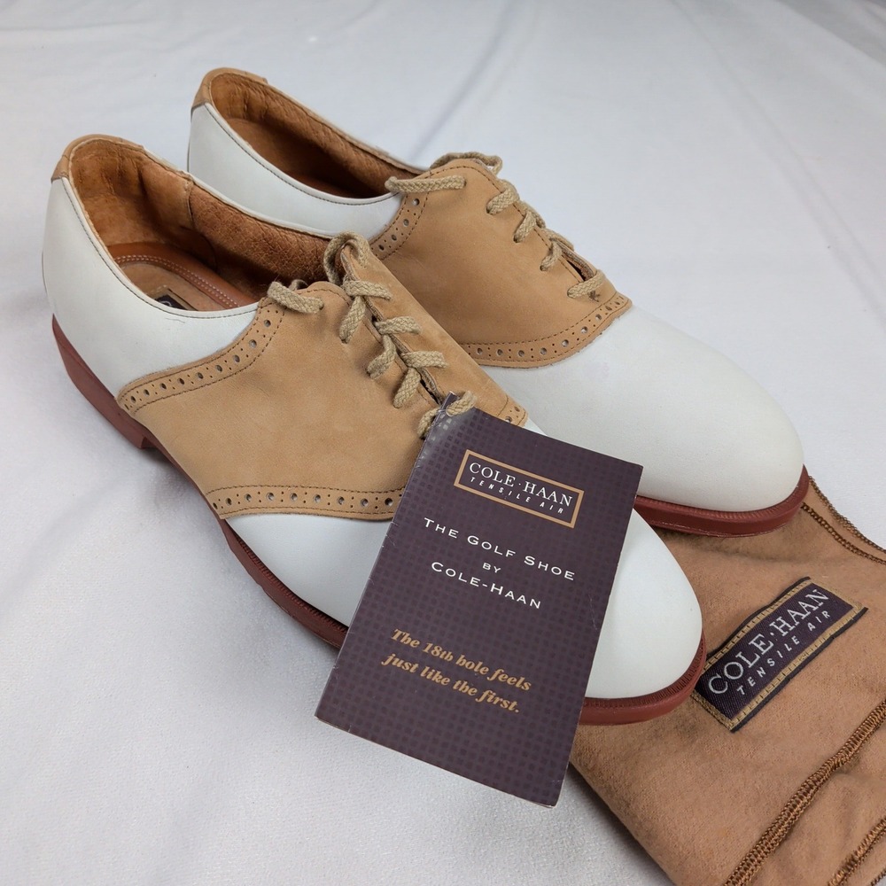 Vintage Cole Haan Golf Shoes Mens 12 D Saddle Leather Metal Spikes Tan Cream